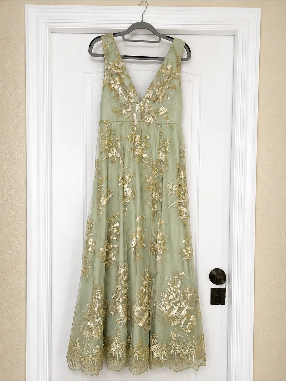 Azazie Mint Green Maxi Dress with Gold Floral Embroidery - Picture 2 of 4